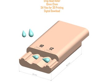 May include: A 3D printed drop bead roller for jewelry making. The roller has two grooves, one for 10mm beads and one for 12mm beads. The roller is 5.2 inches long and 3.3 inches wide.