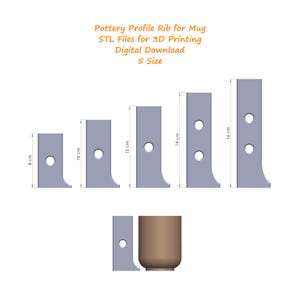 May include: Five different sizes of gray pottery profile ribs for mugs, ranging from 8 cm to 16 cm in height. The ribs have a rounded edge and two holes. A brown mug is shown in the bottom right corner.