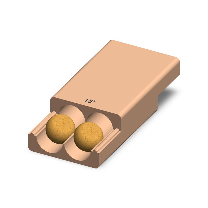 May include: A tan-colored rectangular container with two circular openings, each holding a spherical, textured, light brown object. The container has the text "1.5" printed on the top. The overall design is simple and geometric.
