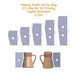 May include: Image of pottery profile ribs for mugs, with dimensions ranging from 8 cm to 16 cm. The image includes STL files for 3D printing, available as a digital download. Two mugs are also shown.