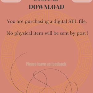 May include: A peach-colored digital download graphic with the text "DIGITAL DOWNLOAD." The image states that the purchase is a digital STL file, and no physical item will be sent. The image also includes the text "Please leave us feedback."