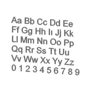 May include: A gray alphabet and number set with a 3D effect. The letters and numbers are in a bold, sans-serif font.