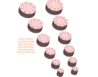 May include: Six different sizes of earring hoop guides in two versions, with 8 and 10 cutting edges. The guides are pink and brown and are arranged in a diagonal line. The text "6 Sizes 2 Versions 8 and 10 Cutting Edge 15mm 20mm 25mm 30mm 35mm 40mm Earring Hoop Guides Stl Files for 3D Printing" is visible in the image.