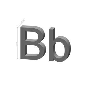 May include: A 3D printed gray plastic letter B and b, each measuring 40 mm tall and 10 mm wide.
