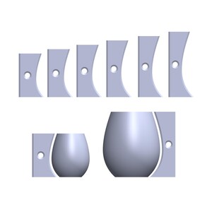 May include: A set of seven gray plastic pieces with a hole in the center, designed to be used as a mold for creating a vase or a glass. The pieces are arranged in a row, with the largest piece on the right and the smallest piece on the left. Below the pieces are two gray plastic molds, one for a vase and one for a glass.