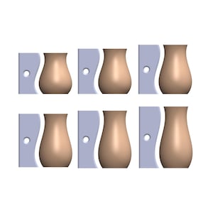May include: Six ceramic vases in a light brown color, arranged in two rows of three. Each vase is placed in a light blue mold with a small hole in the center.