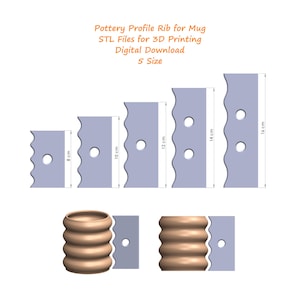 Könnte beinhalten: Ein Bild mit fünf hellblauen Töpferprofilrippen für Tassen, die zwischen 8 cm und 16 cm hoch sind. Jede Rippe hat eine wellenförmige Kante und ein kreisförmiges Loch. Das Bild zeigt auch eine braune Tasse. Text: Pottery Profile Rib for Mug.