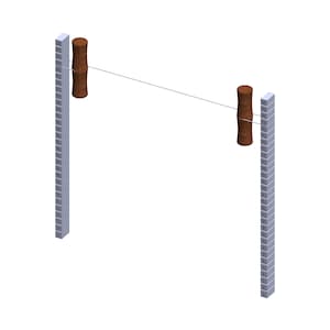 May include: A white string is stretched between two wooden posts with numbered markings. Each post has a brown wooden cylinder attached to the string.
