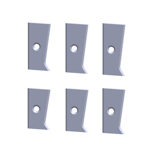 May include: Six silver-colored metal blades with a rounded top and a hole in the center. The blades have a sharp edge on one side and a rounded edge on the other.