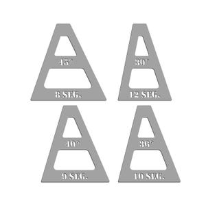 Puede incluir: Cuatro triángulos de plástico gris con diferentes ángulos y recuentos de segmentos. Los triángulos están etiquetados con su ángulo y recuento de segmentos. 45° 8 SEG. 30° 12 SEG. 40° 9 SEG. 36° 10 SEG.