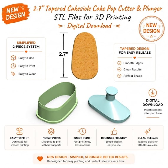 2.7" Tapered Cakesicle Cake Pop Cutter & Plunger Stl Files | Cake Pop Mold 3d Print Stl File | Cake Pop Making Tool STL | Digital Download