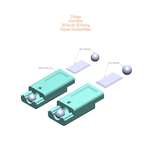 May include: Two 3D printable polymer clay bead roller designs, one for 14 mm beads and one for 16 mm beads. Each design includes a measuring cup and a flat base. The image shows the two designs with the beads in place.