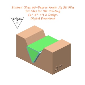Puede incluir: Una representación 3D de una plantilla de ángulo de 60 grados para vidrieras. La plantilla es de color beige con un interior verde y un ángulo de 60 grados. El texto de la imagen dice "Stained Glass 60-Degree Angle Jig Stl Files" y "Digital Download".