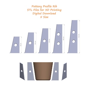 May include: A digital download image of five gray pottery profile ribs, each with a circular hole and varying heights from 8 cm to 16 cm. The image includes text: "Pottery Profile Rib, STL Files for 3D Printing, Digital Download, 5 Size."