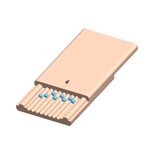 May include: A light brown wooden box with a lid that opens to reveal a row of small, light brown tubes. The tubes are filled with blue beads. The number "4" is printed on the lid.
