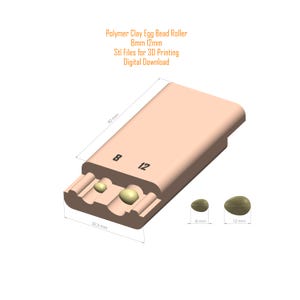 Puede incluir: Un rodillo para cuentas de huevo de arcilla polimérica impreso en 3D con dos moldes para hacer cuentas de 8 mm y 12 mm. El rodillo mide 90 mm de largo y 52,5 mm de ancho. Se incluyen archivos STL para impresión 3D.