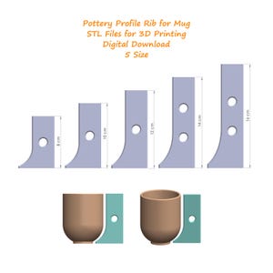 Può includere: Immagine digitale di cinque profili di costole per ceramica per tazze, con altezze da 8 cm a 16 cm. Ogni costola ha una base curva e un foro circolare. L'immagine include anche due esempi di tazze e il testo 'Pottery Profile Rib for Mug'.
