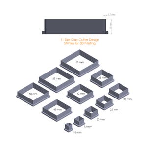 Op de afbeelding: Een set van elf vierkante kleisnijders in verschillende maten, variërend van 10 mm tot 60 mm, met de afmetingen duidelijk aangegeven. Het ontwerp bevat STL-bestanden voor 3D-printen. De snijders zijn grijs.