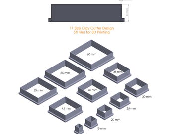 Square Polymer Clay Cutters Stl Files for 3D Printing | Polymer Clay Cutters Set, 10 to 60 mm (11 Sizes) | 3D Cutters STL | Digital Download