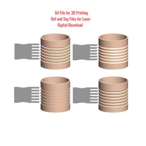 May include: Four 3D renderings of a brown cylindrical object with horizontal grooves. The object is shown with a gray comb-like tool on either side. The text "Stl File for 3D Printing Dxf and Svg Files for Laser Digital Download" is at the top of the image.