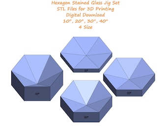 May include: Four 3D printed hexagon stained glass jigs in different sizes: 10°, 20°, 30°, and 40°. The jigs are blue and white and are designed for stained glass projects.