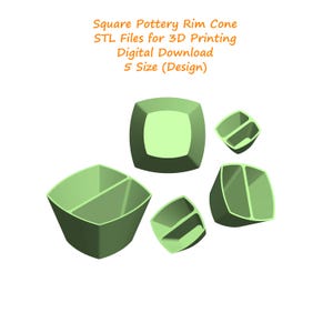 May include: A collection of light green, square-shaped pottery rim cone designs. The designs vary in size and shape, with some featuring internal dividers. The image includes the text "Square Pottery Rim Cone STL Files for 3D Printing Digital Download 5 Size (Design)".