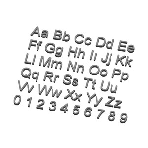 May include: A set of gray plastic letters and numbers, including the alphabet and numbers 0 through 9. The letters and numbers are in a 3D style, with a slight shadow effect.