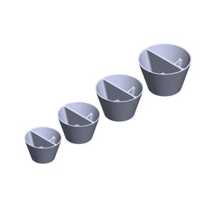 May include: Four gray ceramic divided bowls of different sizes. The bowls are divided in half and are designed for serving or storing small portions of food.