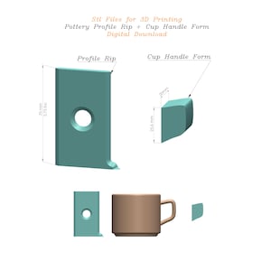 Könnte beinhalten: 3D-druckbare STL-Dateien für einen Töpferprofilriss und eine Tassenhandform. Der Profilriss ist 17,78 cm hoch und 7 cm breit. Die Tassenhandform ist 2,56 cm breit und 2 cm hoch.