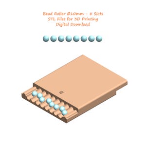Puede incluir: Un rodillo de cuentas impreso en 3D con 8 ranuras para cuentas de 10 mm. El rodillo está hecho de un material marrón claro y tiene una ranura para que las cuentas puedan rodar. El rodillo se muestra con cuentas en las ranuras.