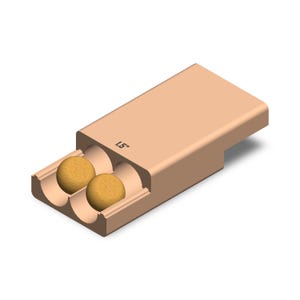 May include: A light brown, rectangular container with two circular openings, each holding a small, round, tan object. The container is labeled "1.5" on the side. The overall design is simple and geometric.