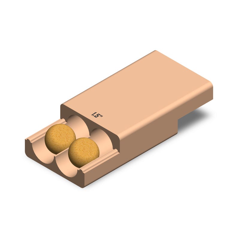 May include: A light brown, rectangular container with two circular openings, each holding a small, round, tan object. The container is labeled "1.5" on the side. The overall design is simple and geometric.