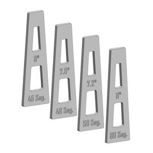 Peut inclure: Quatre équerres métalliques avec différents angles et nombres de segments. Les angles sont de 8 degrés, 7,5 degrés, 7,2 degrés et 6 degrés. Les nombres de segments sont 45, 48, 50 et 60.