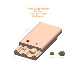 Puede incluir: Un rodillo para cuentas de huevo de arcilla polimérica impreso en 3D con dos compartimentos para hacer cuentas de 10 mm y 15 mm. El rodillo mide 90 mm de largo y 57,5 mm de ancho. Archivos Stl para impresión 3D. Descarga digital.