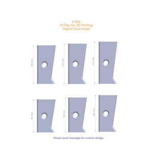 May include: Six STL files for 3D printing of a geometric shape with a hole in the center. The files are available in six different sizes, ranging from 90 mm to 115 mm.  The text "Please send message for custom design." is at the bottom of the image.