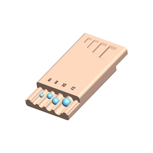 May include: A beige plastic tray with four blue beads in a row. The tray has numbers 6, 8, 10, and 12 printed on it.
