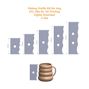 May include: Five different sizes of pottery profile ribs for mugs, ranging from 8 to 16 centimeters in length. The ribs have a wavy edge and two holes. A brown mug with a wavy design is shown in the bottom right corner.