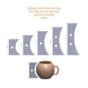 Może przedstawiać: Pięć różnych rozmiarów ceramicznych żeber profilowych do kubków, od 8 do 16 centymetrów. Żebra są szare i mają dwa otwory. W dolnej części środkowej obrazu znajduje się brązowy kubek.