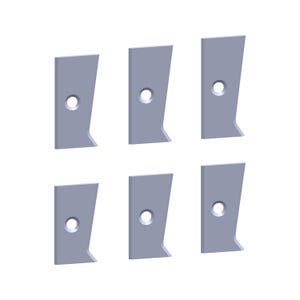 May include: Six gray metal blades with a hole in the center. The blades are angled and have a sharp edge.