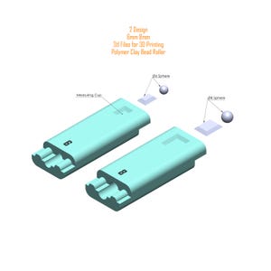 May include: Two 3D printed polymer clay bead roller designs, one with a 6mm diameter and the other with an 8mm diameter. The rollers are light blue and have a textured surface. The image also shows two spheres, one 6mm and the other 8mm in diameter, for size reference.