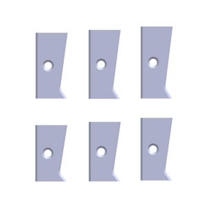May include: Six silver-colored metal blades with a single hole in the center of each blade. The blades are arranged in two rows of three.