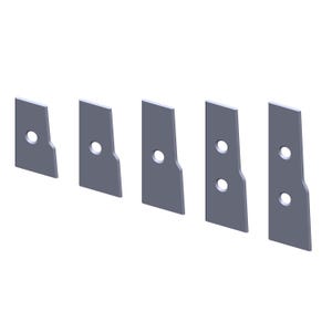 May include: Five gray metal pieces with rounded edges and holes. The pieces are arranged in a row from left to right, with the largest piece on the left and the smallest piece on the right.