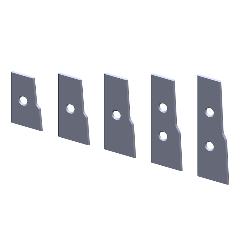 May include: Five gray metal pieces with rounded edges and holes. The pieces are arranged in a row from left to right, with the largest piece on the left and the smallest piece on the right.