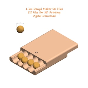 May include: A 3D printable model of a dango maker. The model is made up of a rectangular base with a series of round molds for making dango. The base is 1 inch in size. The model is shown with a few dango balls in the molds.