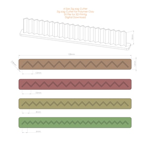 May include: Four different sizes of zig zag polymer clay cutters. The cutters are 128 mm long and range in size from 6 mm to 12 mm. The cutters are brown, red, green, and light green.