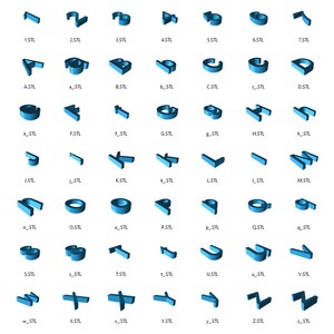 May include: A set of 3D printed letters in a light blue color. The letters are arranged in alphabetical order and are all the same size. Each letter is labeled with its corresponding letter and the file extension .STL.