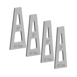 Op de afbeelding: Vier metalen hoekmallen met verschillende hoeken en segmenten. De hoeken zijn 15 graden, 12 graden, 10 graden en 9 graden. De segmenten zijn 24, 30, 36 en 40.