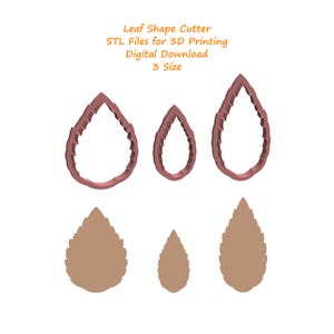 May include: A digital download image featuring three leaf-shaped cutters and three leaf-shaped cutouts in varying sizes. The cutters are a reddish-brown color, and the cutouts are a light brown. The text "Leaf Shape Cutter" is at the top.