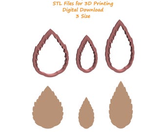 Op de afbeelding: Een afbeelding met drie bladvormige uitsteekvormen en drie bladvormige uitsparingen in verschillende maten. De uitsteekvormen zijn roodbruin en de uitsparingen lichtbruin. De tekst "Leaf Shape Cutter" is zichtbaar bovenaan de afbeelding.