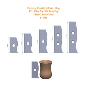 May include: Five different sizes of pottery profile ribs for mugs, ranging from 8 to 16 cm in length. The ribs are gray and have two holes. A brown ceramic mug is also shown.